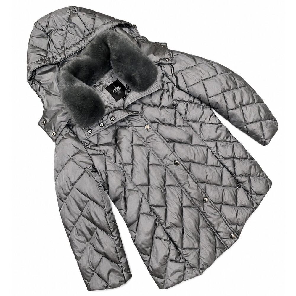 London Fog Women Small Quilted Puffer Coat Gray Faux Fur Hood Jacket